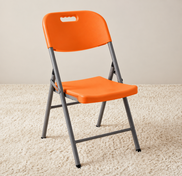 Orange plastic folding chair with metal frame and built-in handhold