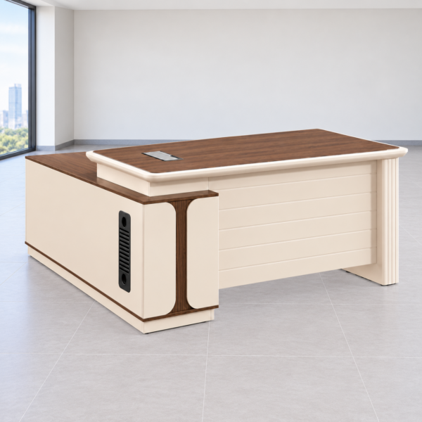 Modern executive office desk with side cabinet and wood-look desktop