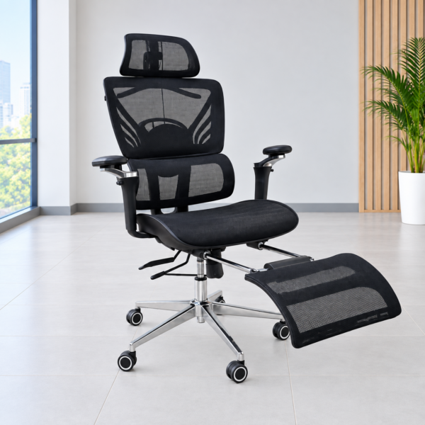 Ergonomic reclining mesh office chair with extended footrest and headrest