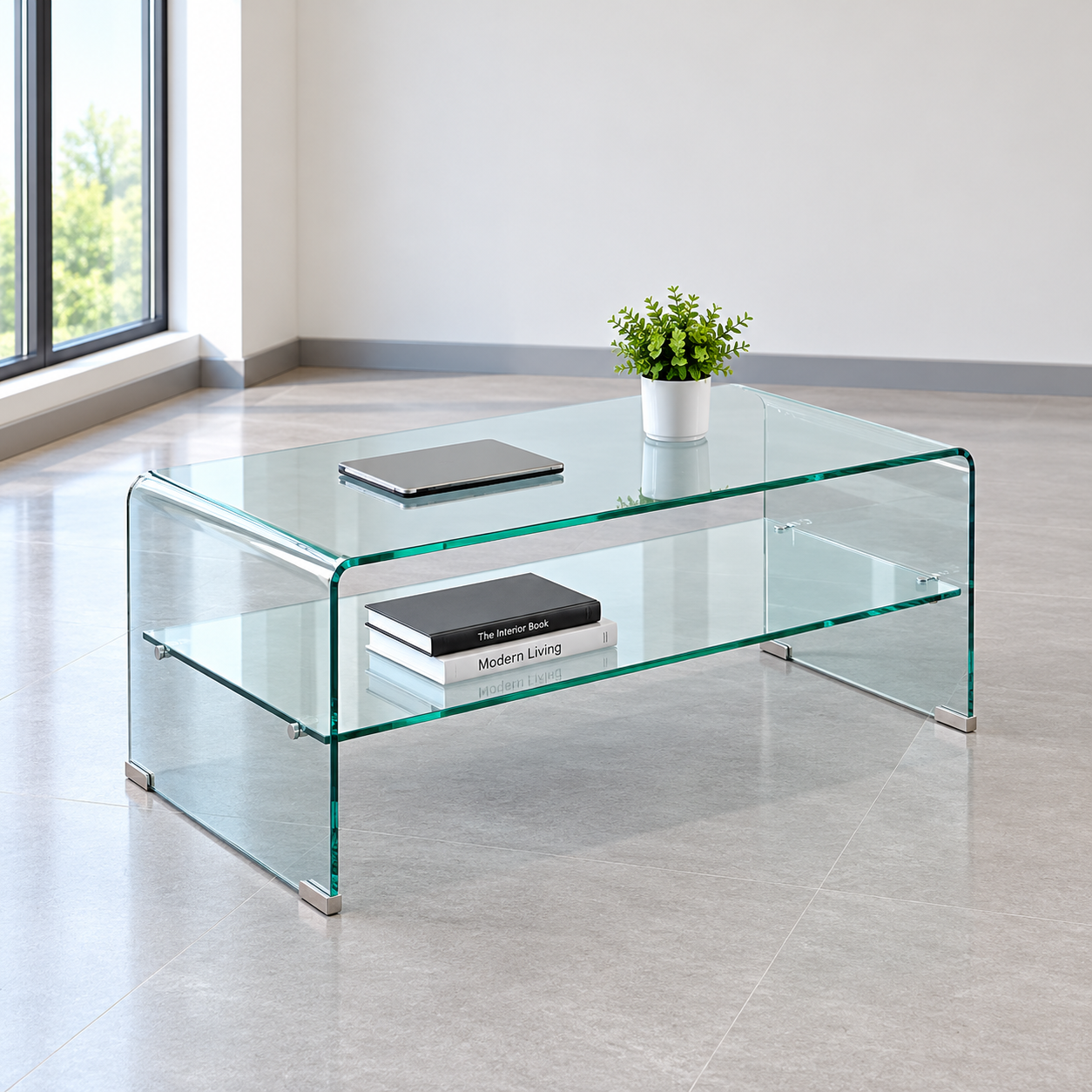 Modern clear glass coffee table with lower glass storage shelf