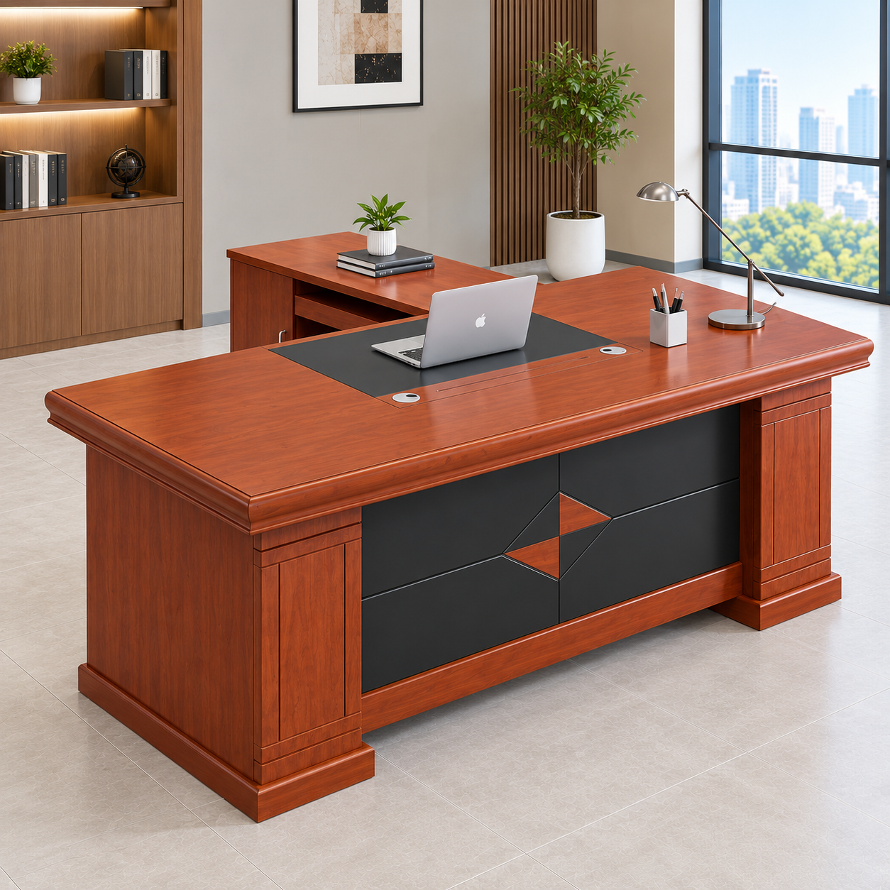 Executive mahogany office desk with side return and dark front panel.