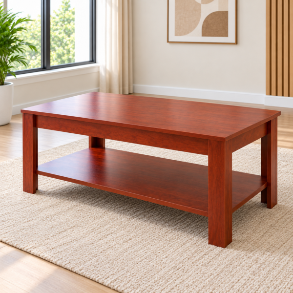 Modern wooden coffee table with lower storage shelf in a bright interior.