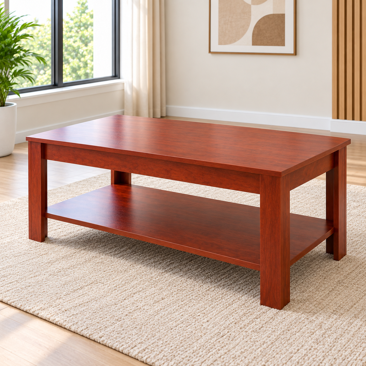 Modern wooden coffee table with lower storage shelf in a bright interior.