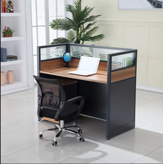 Single person office workstation with privacy panels and wood-finish desk