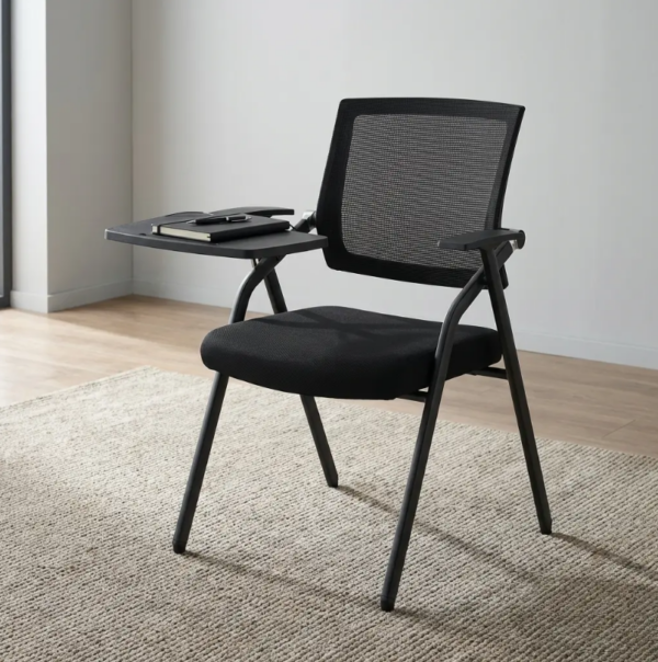 Mesh training chair with writing tablet and padded black seat