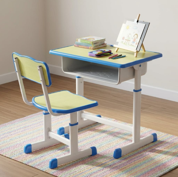 Kids study desk and chair set with storage shelf in blue and beige