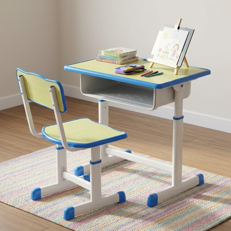 Kids study desk and chair set with storage shelf in blue and beige