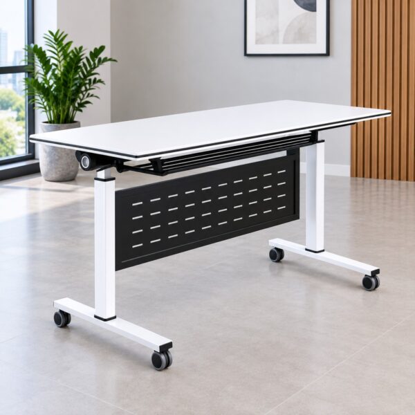 White foldable training table with wheels and black modesty panel