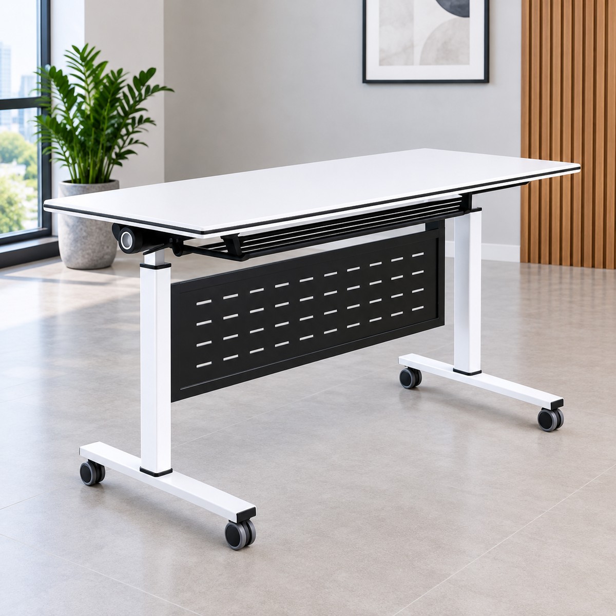 White foldable training table with wheels and black modesty panel