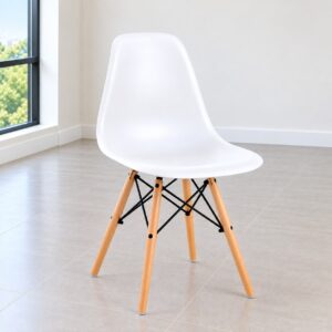 White Eames Plastic Chair with Wooden Legs