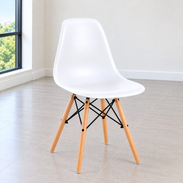 White Eames plastic chair with wooden legs