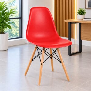 Red Eames Plastic Chair with Wooden Legs
