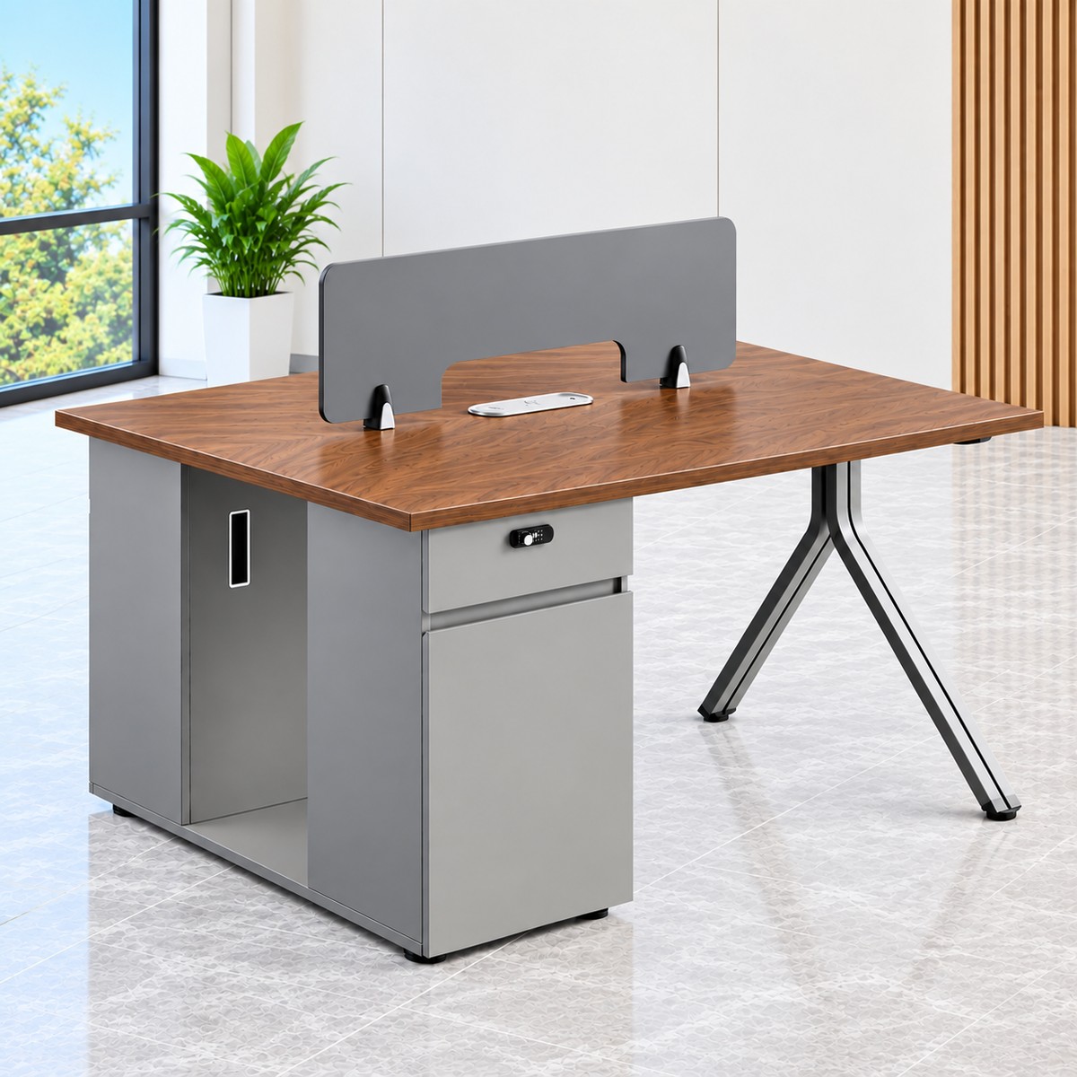 Modern two-person office workstation with wood-finish top and grey storage