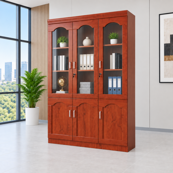 3-door half glass wooden office filing cabinet with shelves and lockable storage compartments.