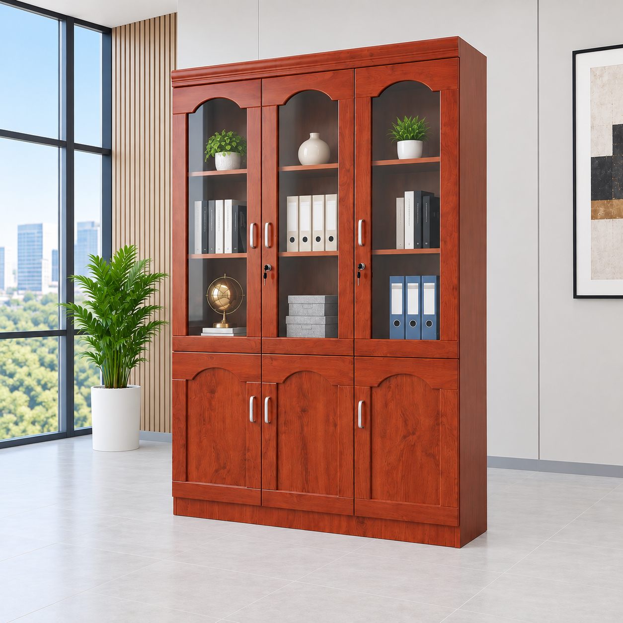 3-door half glass wooden office filing cabinet with shelves and lockable storage compartments.