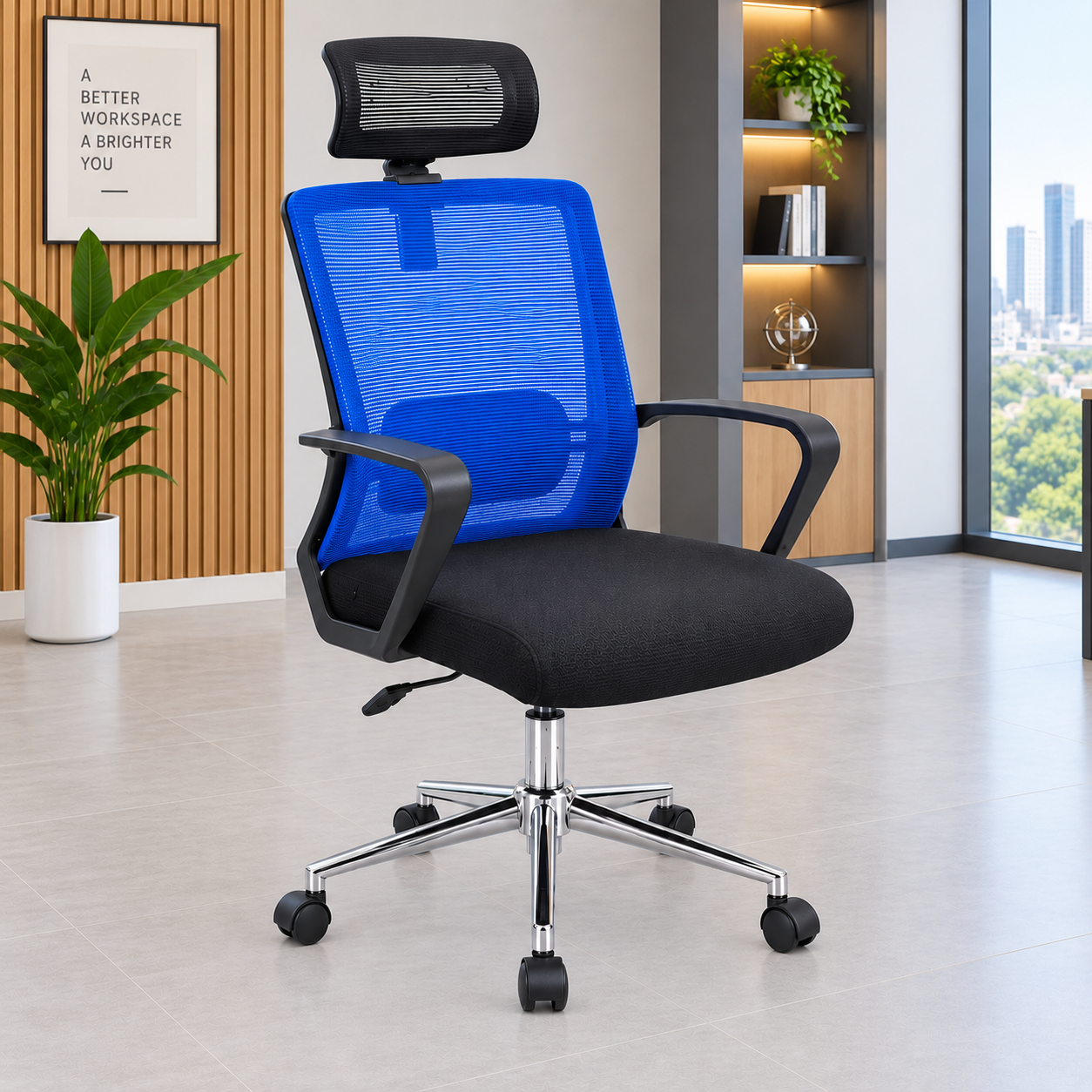 Blue mesh ergonomic high back office chair with headrest, lumbar support and black cushioned seat.