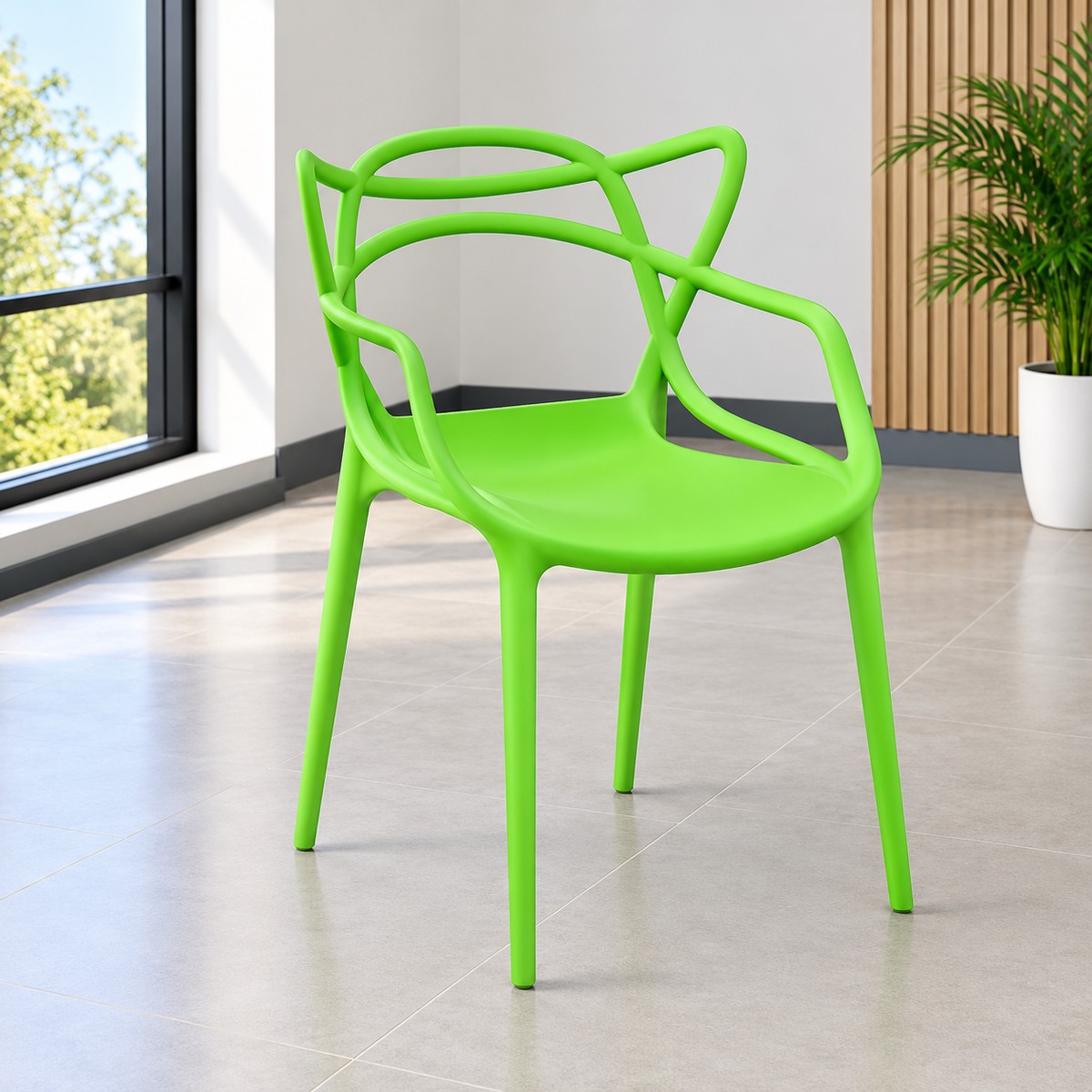 Green modern stackable plastic armchair with open backrest