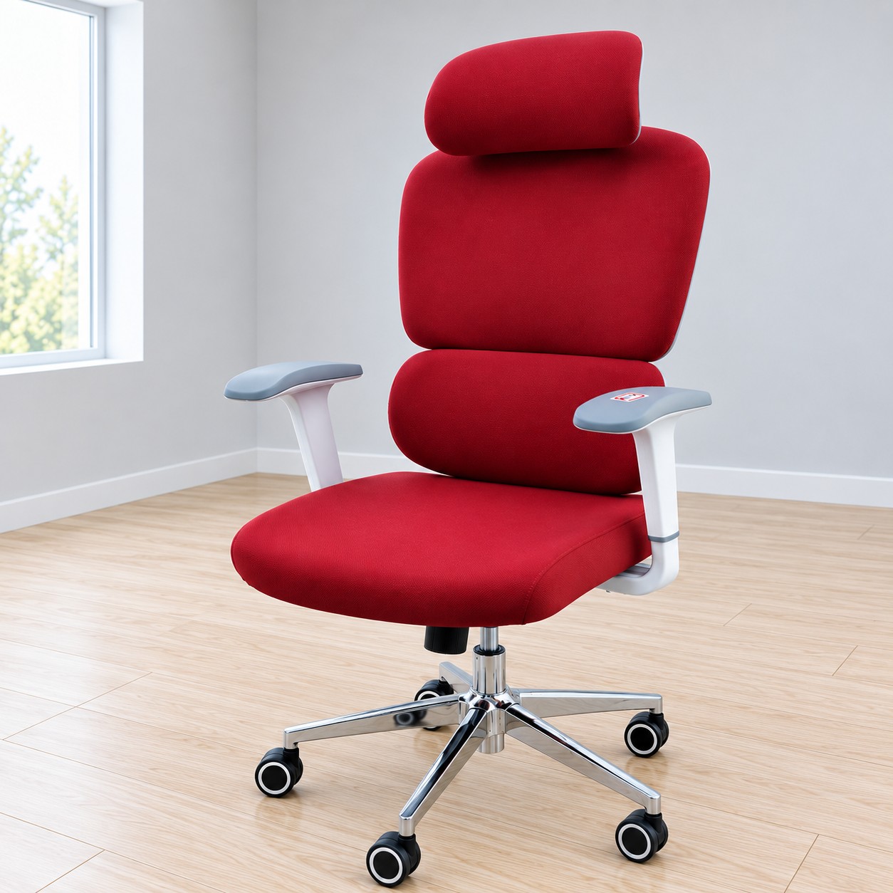 Red ergonomic executive office chair with headrest and chrome base