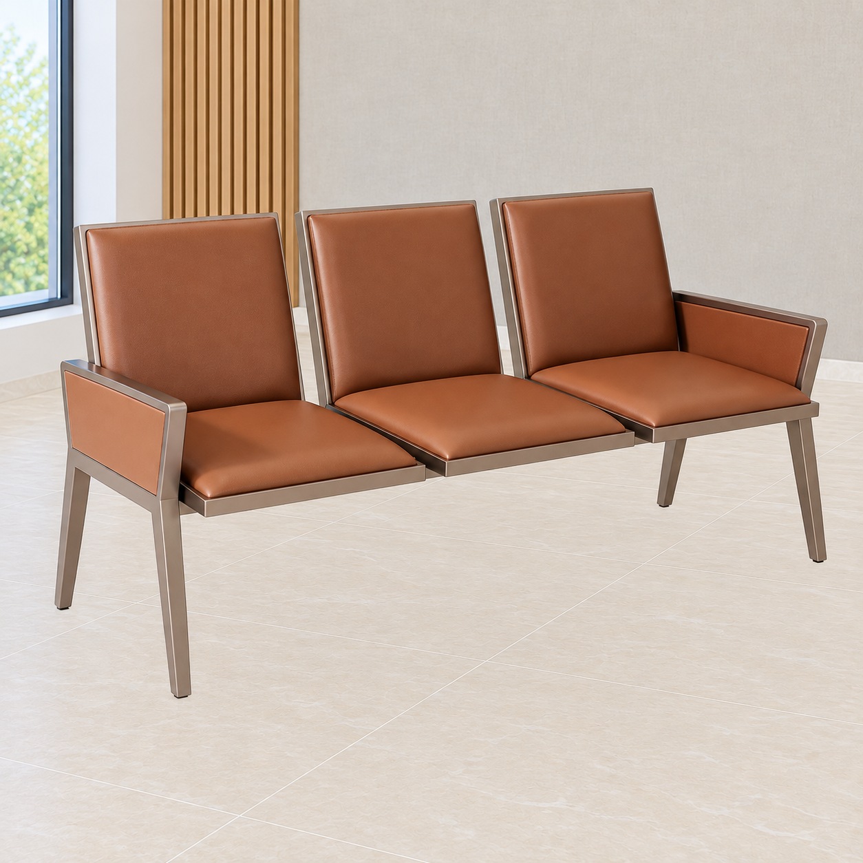3-Link padded waiting area bench with brown seats and armrests