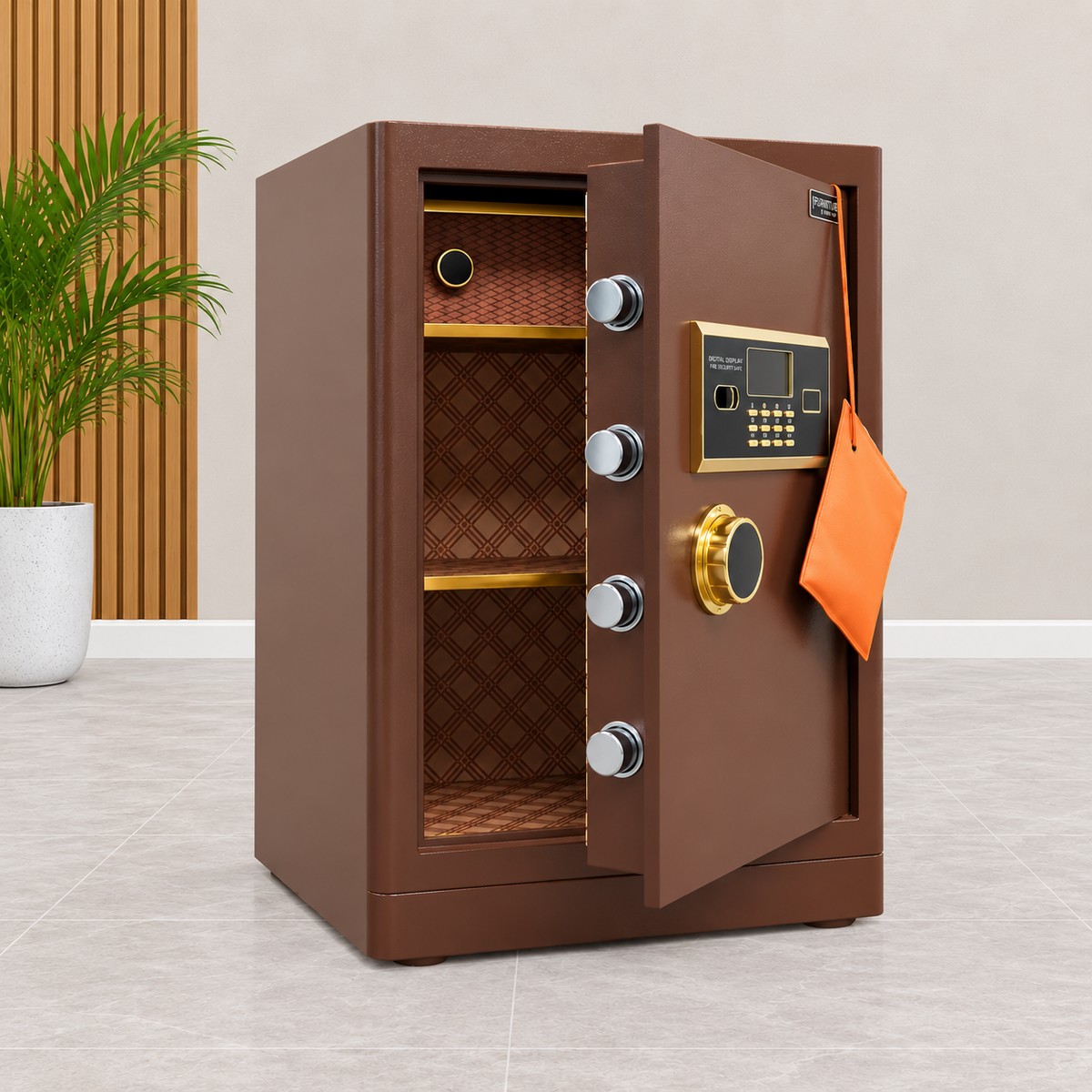 : Open 70kg office safe with locking bolts and internal storage shelves