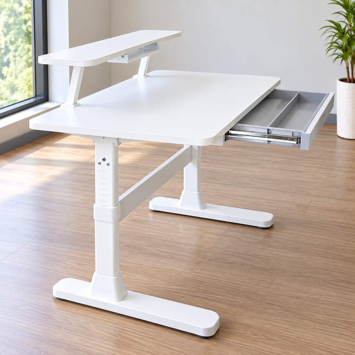 White height adjustable office desk with raised monitor shelf and sliding drawer