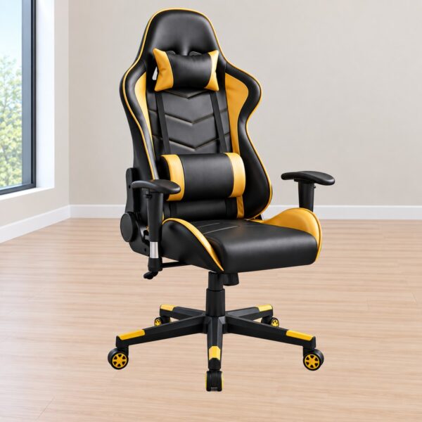 Black and gold gaming chair with adjustable armrests and five-star wheeled base