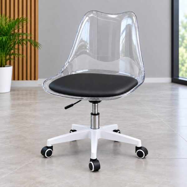 Transparent acrylic office chair with black padded seat in modern workspace