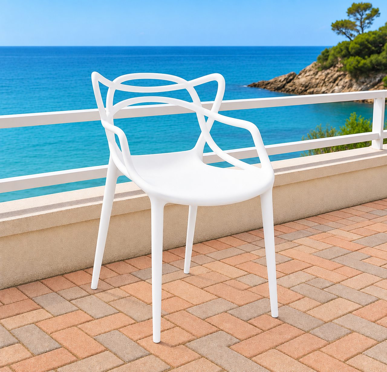 White modern stackable plastic chair with armrests