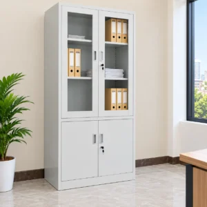 Grey Half Glass Metallic Office Filing Cabinet with Lockable Doors