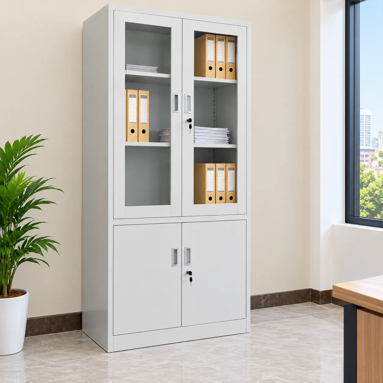 Grey half glass metallic office filing cabinet with two upper glass doors, lower lockable storage compartments and shelves for files in Kenya.