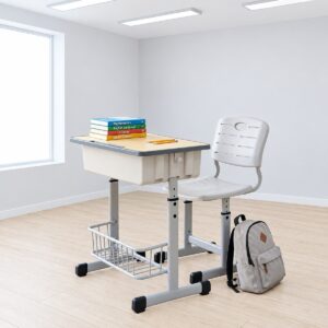 Height Adjustable Student Desk and Chair Set with Storage Basket