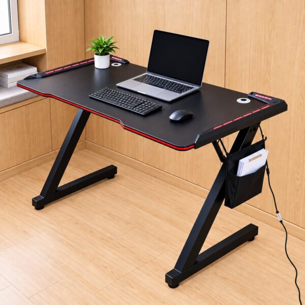 Modern black gaming desk with LED lights and Z-shaped metal frame