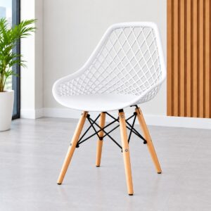 White Modern Lattice Chair with Wooden Legs