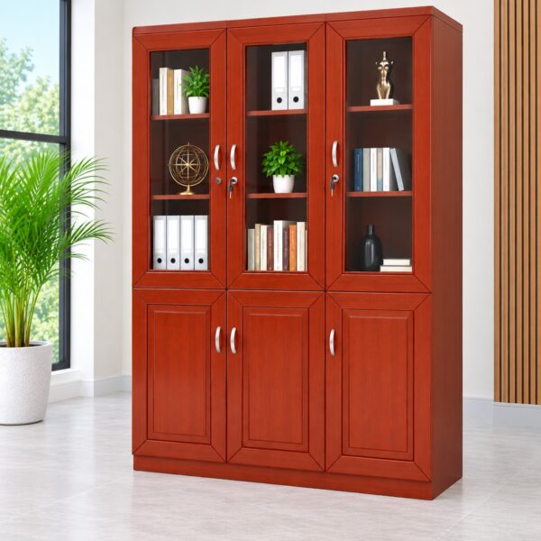Wooden office filing cabinet with open lower storage door