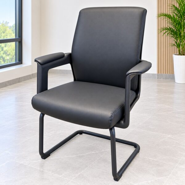 Executive leather cantilever visitor chair with padded arms and black frame