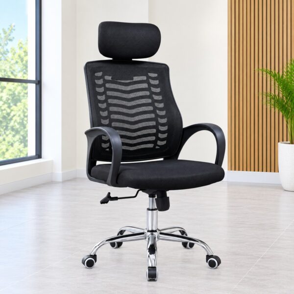 High back ergonomic mesh office chair with adjustable headrest and chrome base