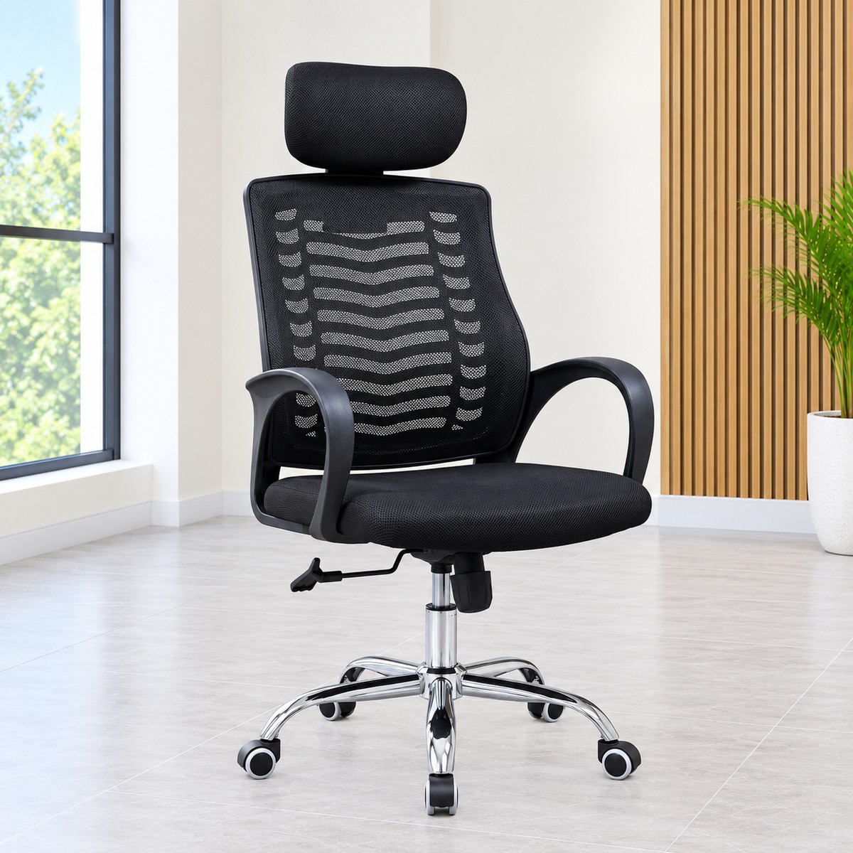 High back ergonomic mesh office chair with adjustable headrest and chrome base